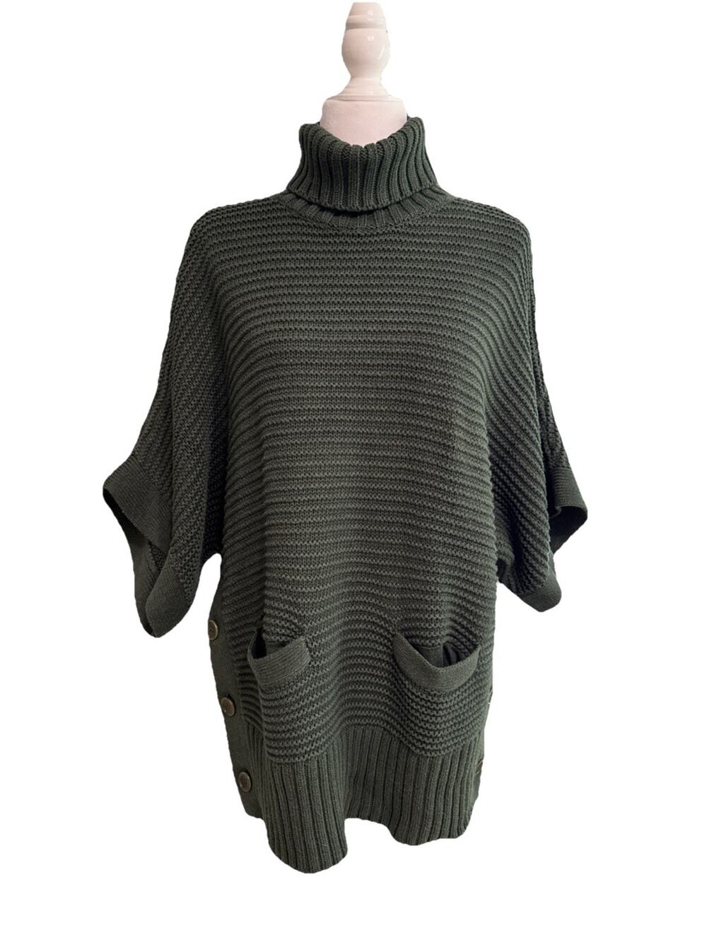 J Crew Oversized Chunky Knit Mock Neck Sweater Womens XS Green Pockets Bottons
